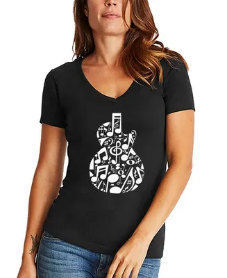 La Pop Art Women's Music Notes Guitar Word V-neck T-shirt
