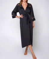 iCollection Women's Silky Stretch Satin Long Robe with Lace Trims