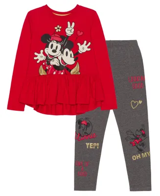 Disney Little Girls Minnie and Mickey Mouse Long Sleeve Top Legging, 2 Piece Set