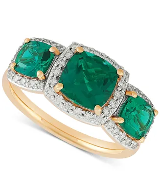 Grown With Love Lab Grown Emerald (2-1/4 ct. t.w.) & Lab Grown Diamond (1/3 ct. t.w.) Three Stone Halo Statement Ring in 14k Gold