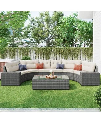 Simplie Fun 8-Pieces Outdoor Wicker Round Sofa Set, Half-Moon Sectional Sets All Weather, Curved Sofa Set