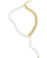 Adornia 14k Gold-Plated Pave Chain & Mother-of-Pearl Asymmetrical Lariat Necklace, 15" + 2" extender