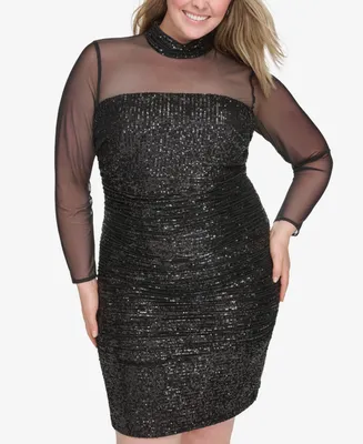 Eliza J Plus Size Illusion-Sleeve Sequin Cocktail Dress