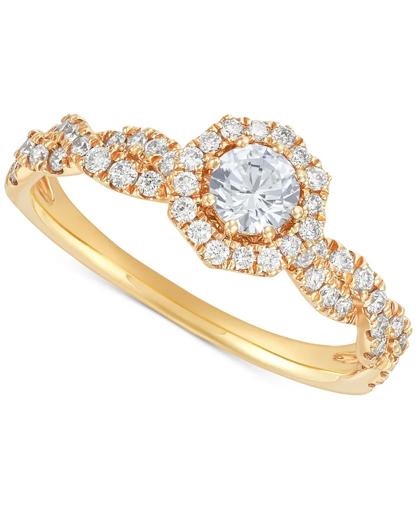 Diamond Halo Twist-Shank Engagement Ring (3/4 ct. t.w.) in 14k Gold