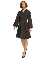 Dkny Women's Collared V-Neck Balloon-Sleeve Belted Dress