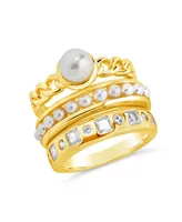 Sterling Forever Cubic Zirconia Genuine Shell Pearl Kimber Stacking 3 Piece Ring Set