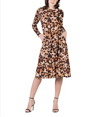 24seven Comfort Apparel Women's Print Long Sleeve Pleated Midi Dress