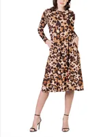 24seven Comfort Apparel Women's Print Long Sleeve Pleated Midi Dress