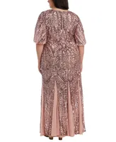 R&M Richards Plus Sequin Flutter-Sleeve Godet Gown