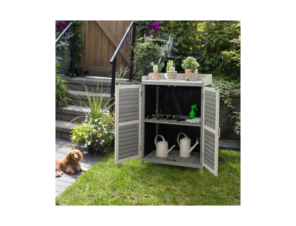 Garden Potting Bench Table with 2 Storage Shelves and Metal Plated Tabletop-Grey