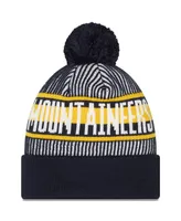 Men's New Era Navy West Virginia Mountaineers Logo Striped Cuff Knit Hat with Pom