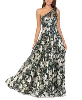 Betsy & Adam Metallic-Floral One-Shoulder Gown