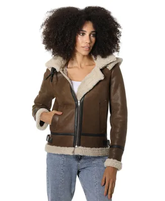 Women's detachable hooded shearling jacket