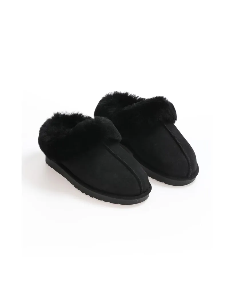 Furniq Uk Women's Sheepskin Slippers, Black Suede