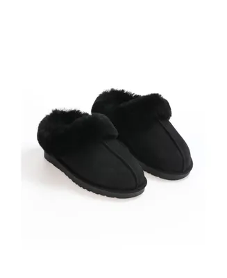 Furniq Uk Women's Sheepskin Slippers, Black Suede