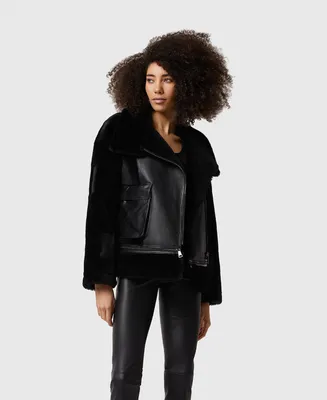 Furniq Uk Women's Shearling Black Wool Jacket with Glove Pockets