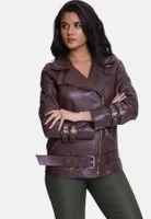 Furniq Uk Women's Genuine Leather Belted Biker Jacket,Nappa Brown