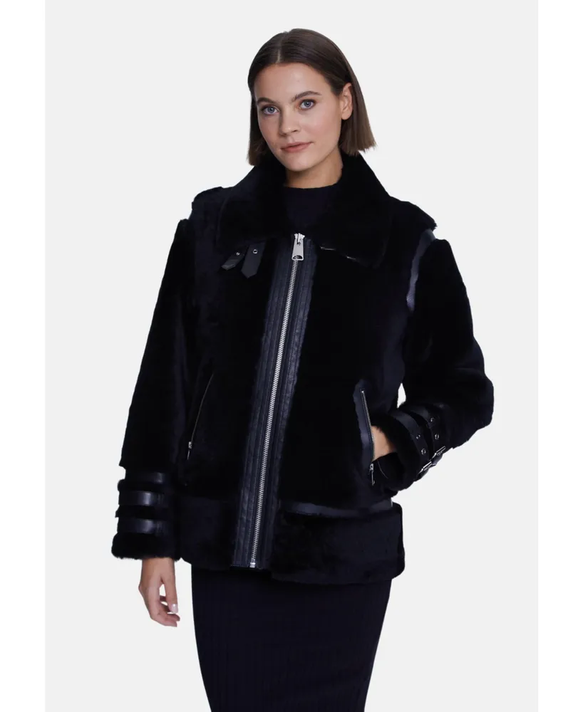 Furniq Uk Women's Shearling Jacket, Silky Black With Wool
