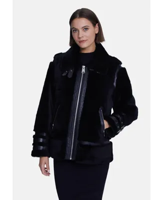 Furniq Uk Women's Shearling Jacket, Silky Black With Black Wool