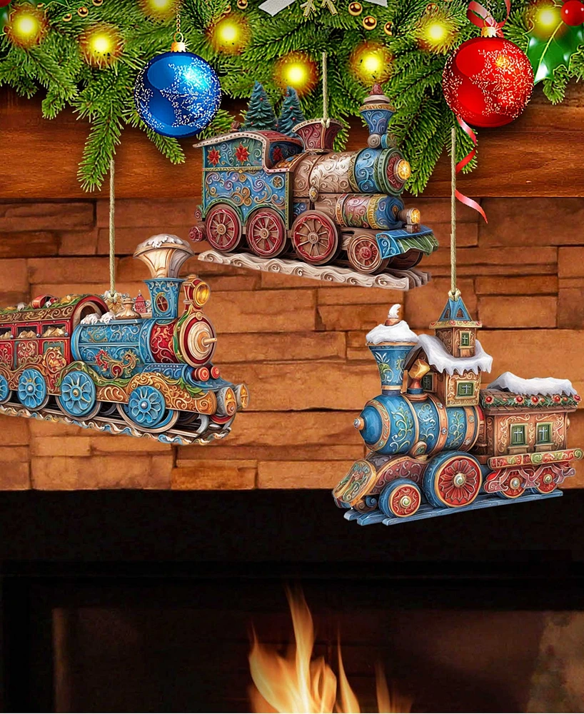 Designocracy Christmas Train Christmas Wooden Ornaments Holiday Decor Set of 3 G. DeBrekht