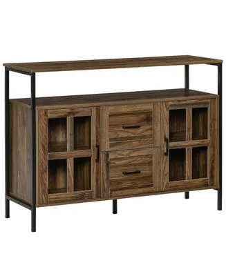 Homcom Industrial Sideboard Buffet Cabinet, Kitchen Cabinet, Coffee Bar Cabinet with Adjustable Shelves, Glass Doors, and 2 Drawers for Living Room