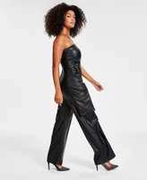 Bar Iii Women's Faux-Leather Strapless Cargo-Pocket Jumpsuit, Created for Macy's