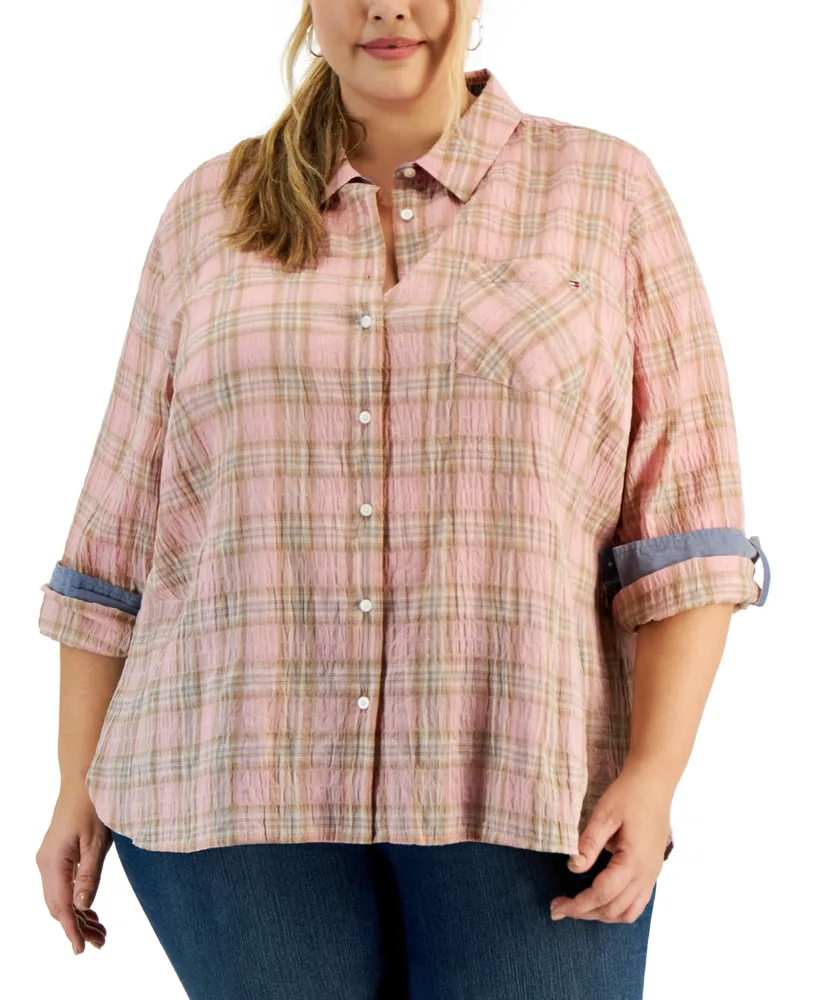 Tommy Hilfiger Plus Crinkle Plaid Roll-Tab Shirt