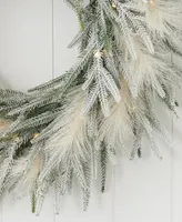 Seasonal Pine and Pampas 26" Pre-Lit Flocked Pe Wreath with 400 Tips,15 Pieces Pampas, 50 Led Lights with Battery Operated