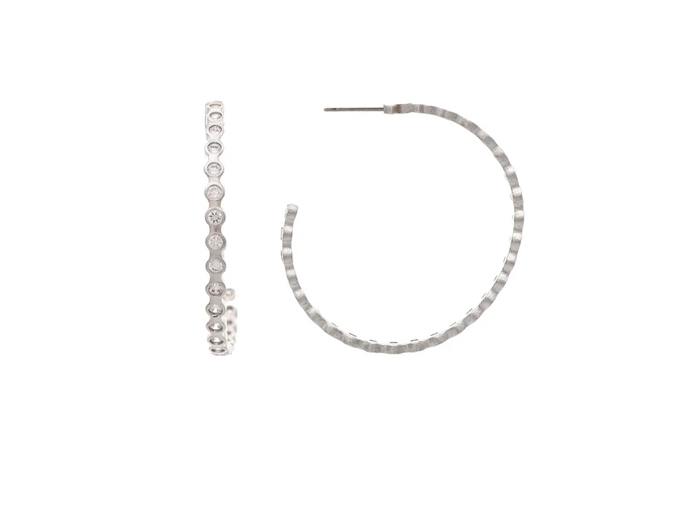 White Rhodium Bezel 1.5" Hoop Earrings