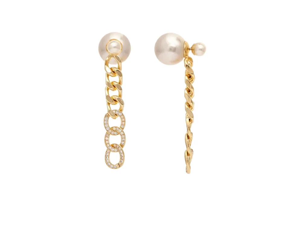 Rivka Friedman Pearl Front-Back + Cubic Zirconia Chain Dangle Earrings