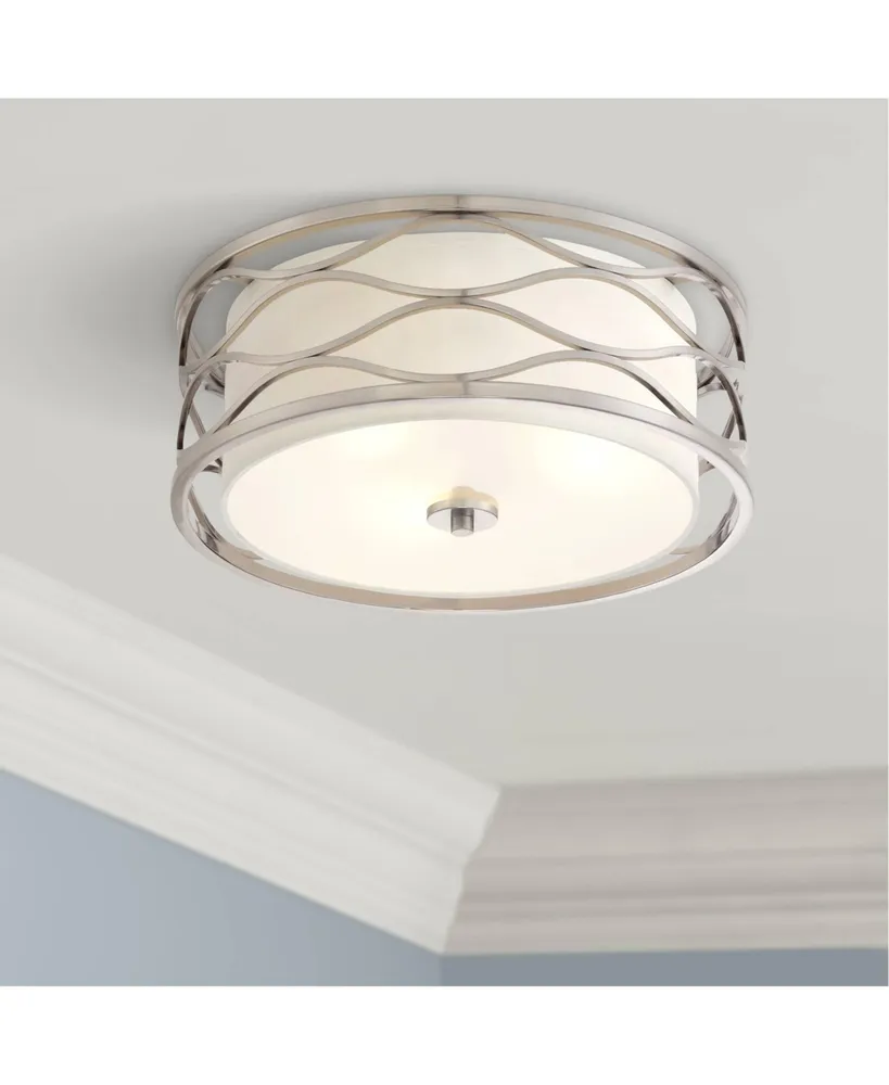 Possini Euro Design Austen Modern Ceiling Light Flush Mount Fixture 16" Wide Brushed Nickel Wavy Frame White Fabric Drum Shade for Bedroom Kitchen Liv