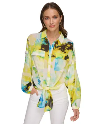 Dkny Women's Printed Tie-Hem Button-Front Top