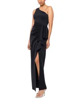 Xscape Petite One-Shoulder Side-Drape High-Slit Gown