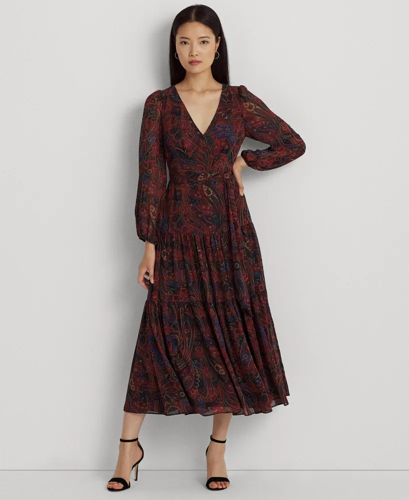 Lauren Ralph Women's Checked Paisley Belted Georgette Dress