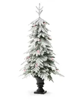 Glitzhome 5' Pre-Lit Flocked Fir Artificial Christmas Porch Tree with 150 Warm White Lights and Red Berries