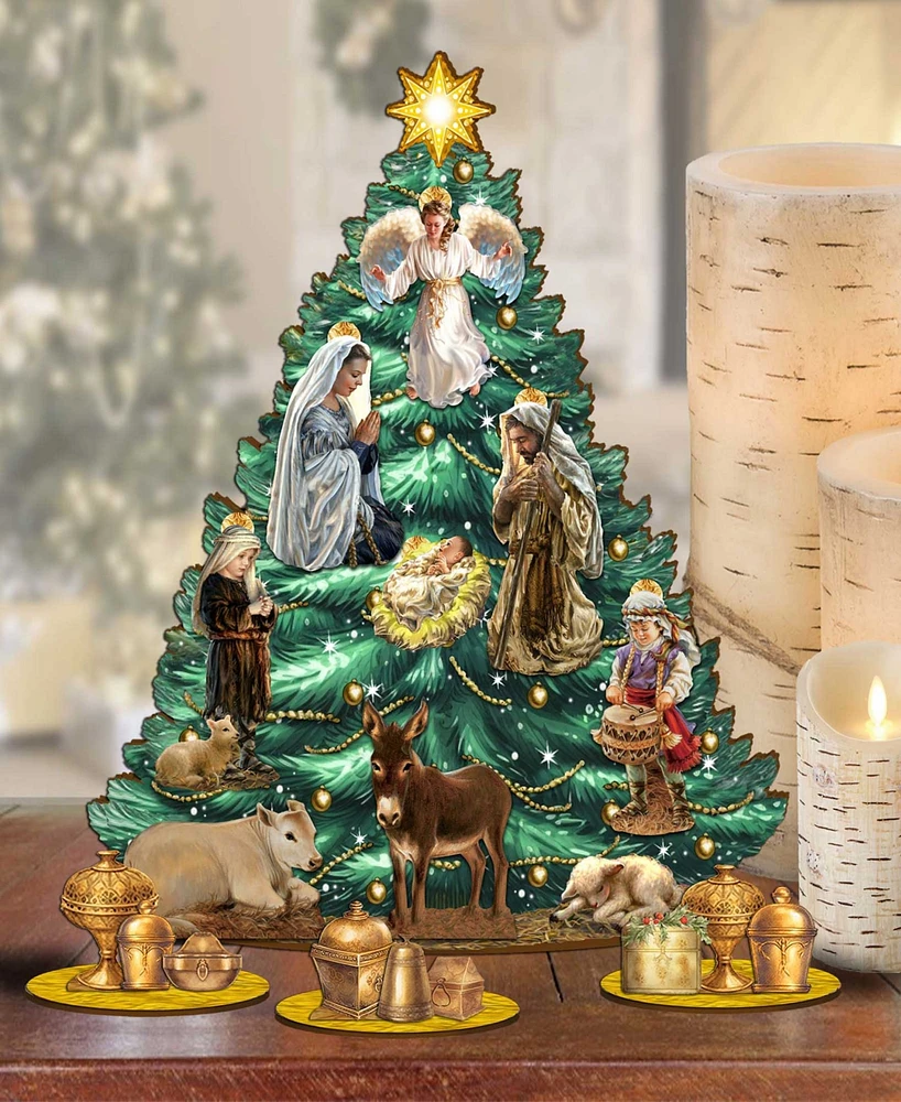 Designocracy Nativity Themed Wooden Christmas Tree with Ornaments Set of 13 G. DeBrekht