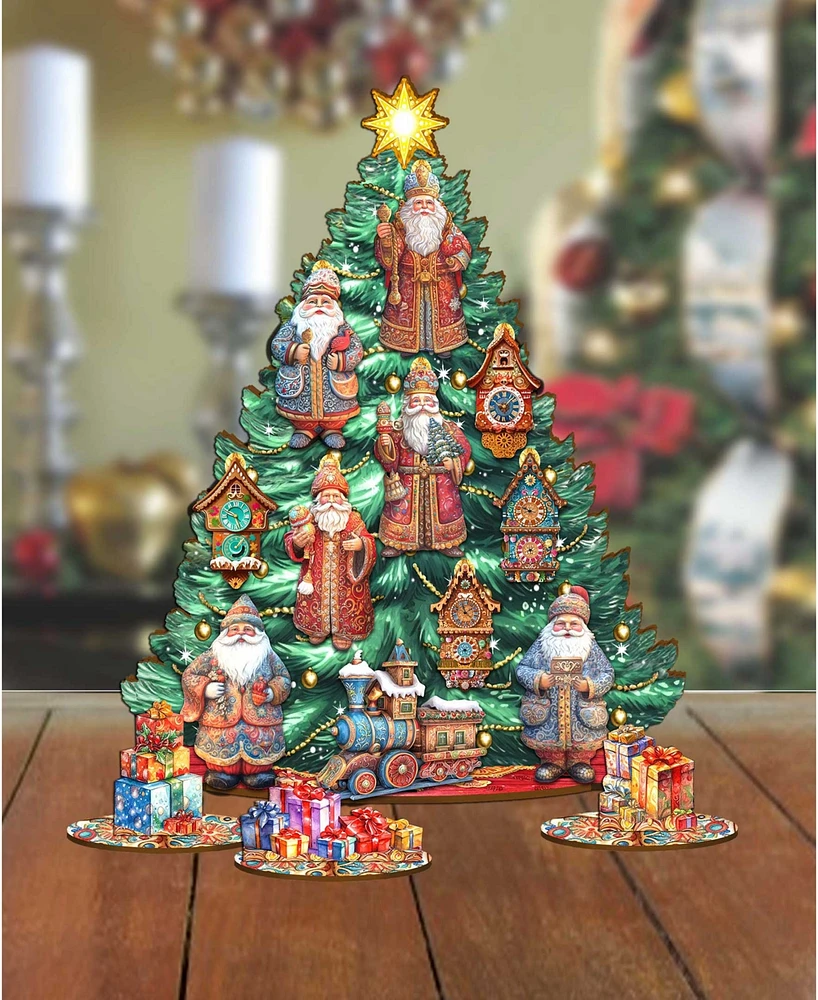 Designocracy Santa Christmas Arrival Themed Wooden Christmas Tree with Ornaments Set of 13 G. DeBrekht