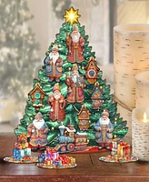 Designocracy Santa Christmas Arrival Themed Wooden Christmas Tree with Ornaments Set of 13 G. DeBrekht