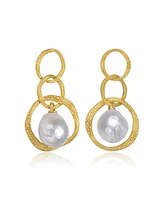 Genevive Sterling Silver 14K Gold Plated with Genuine Freshwater Drop Pearl Modern Earrings