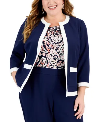 Kasper Plus Size Contrast-Trim Framed Open-Front Blazer