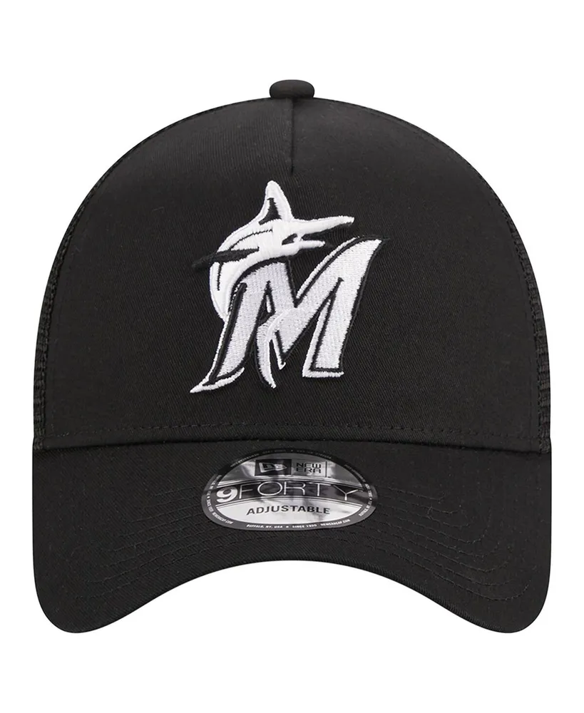 Men's New Era Black Miami Marlins A-Frame 9FORTY Trucker Adjustable Hat