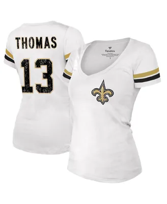 Women's Majestic Threads Michael Thomas White New Orleans Saints Fashion Player Name and Number V-Neck T-shirt