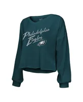 Women's Majestic Threads Jalen Hurts Midnight Green Philadelphia Eagles Name and Number Off-Shoulder Script Cropped Long Sleeve V-Neck T-shirt