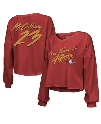 Women's Majestic Threads Christian McCaffrey Scarlet San Francisco 49ers Name and Number Off-Shoulder Script Cropped Long Sleeve V-Neck T-shirt
