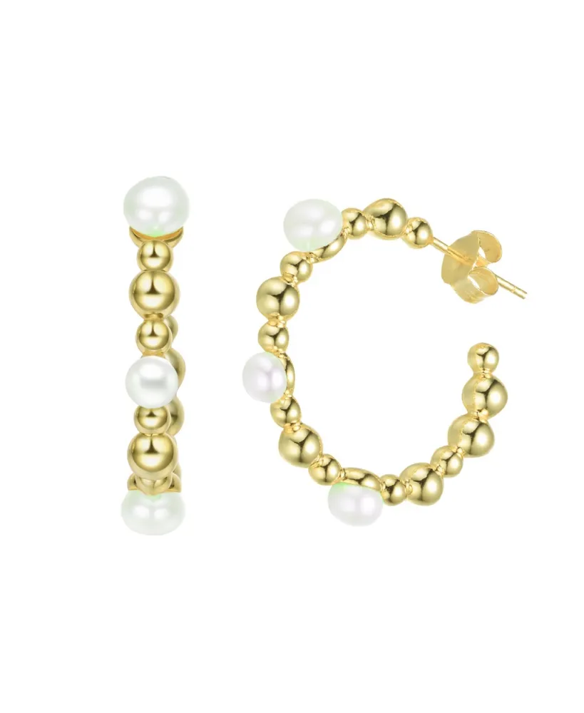 Genevive Sterling Silver 14K Gold Plated and 5MM Fresh Water Pearls Hoop Earrings