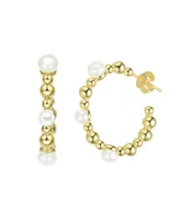 Genevive Sterling Silver 14K Gold Plated and 5MM Fresh Water Pearls Hoop Earrings