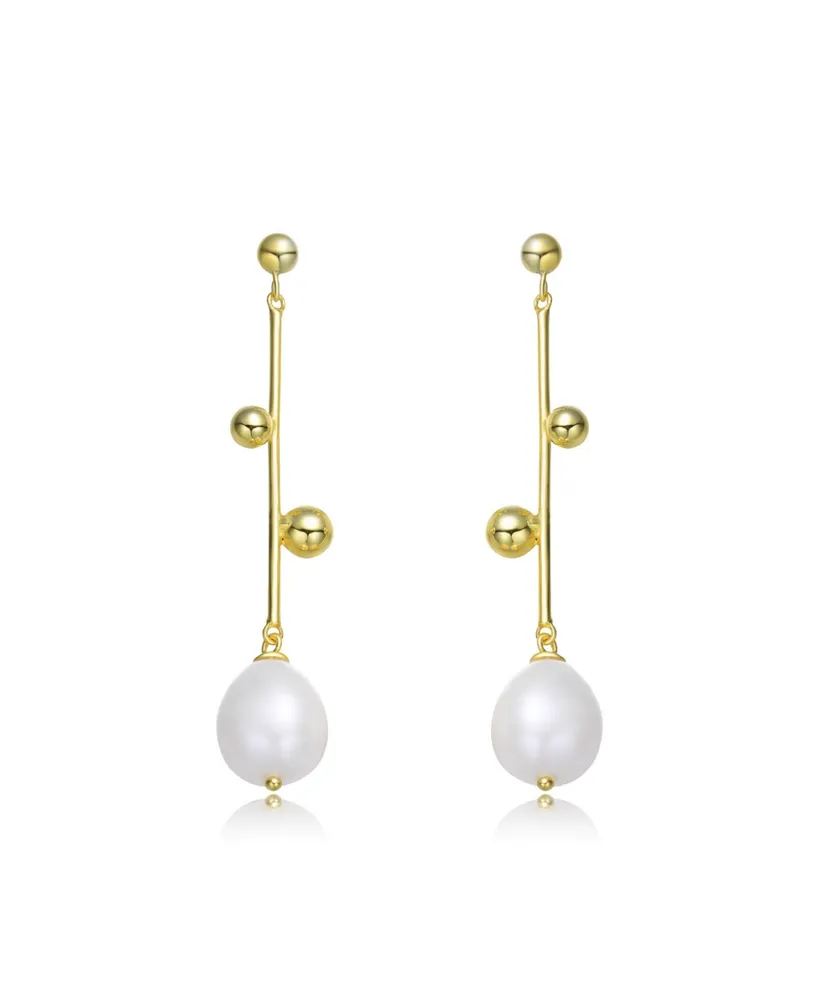 Genevive Sterling Silver 14K Gold Plated Genuine Freshwater Pearl Dangling Earrings