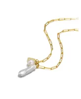 Genevive Sterling Silver 14K Gold Plated Genuine Freshwater Pearl and Cubic Zirconia Lobster Claw Link Necklace