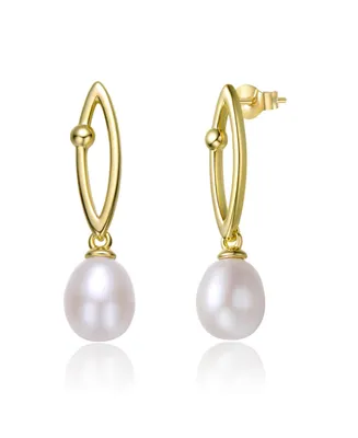 Genevive Sterling Silver 14k Yellow Gold Plated with Freshwater Pearl & Cubic Zirconia Oblong Marquise Drop Earrings
