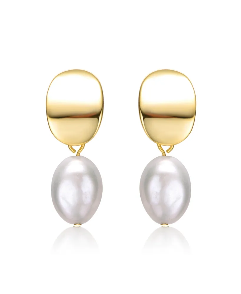 Genevive Sterling Silver 14k Yellow Gold Plated Oval White Freshwater Pearl Drop Medallion Dangle Earrings